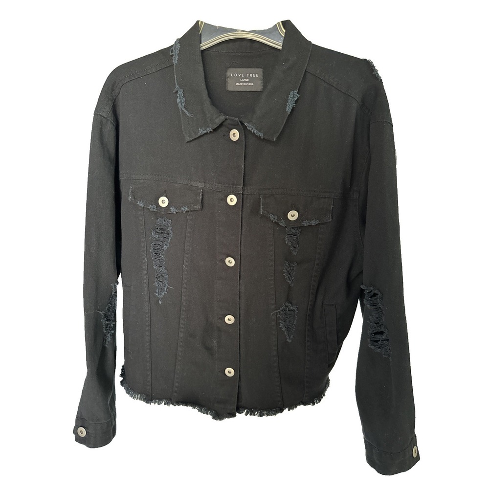 Love Tree Black Distressed Denim Jacket Women's‎ Cropped Raw Hem Button Front L